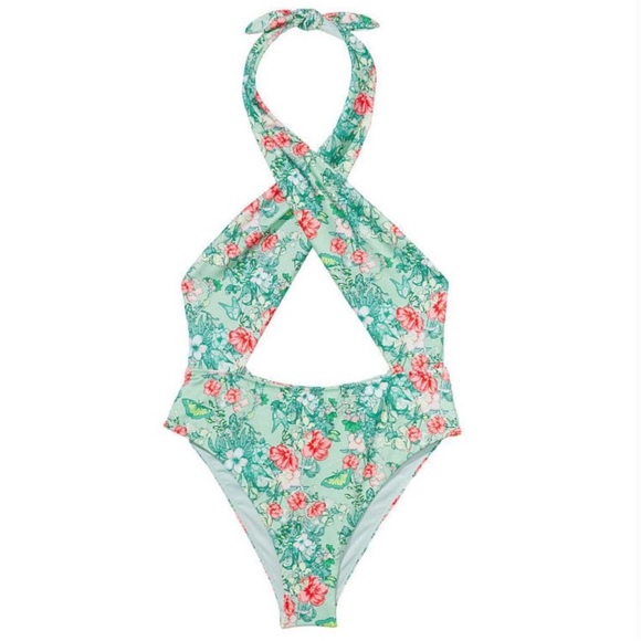 Victorias Secret Butterfly Floral High Neck Wrap One Piece Swimsuit Size Medium - Picture 2 of 11